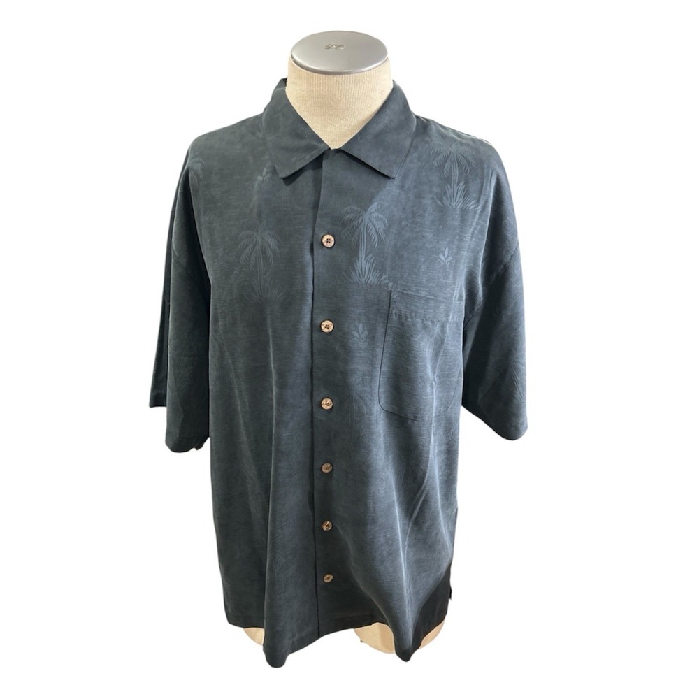 Tommy Bahama Silk Shirt Mens Large Black Palm Tree Short Sleeve Button Up